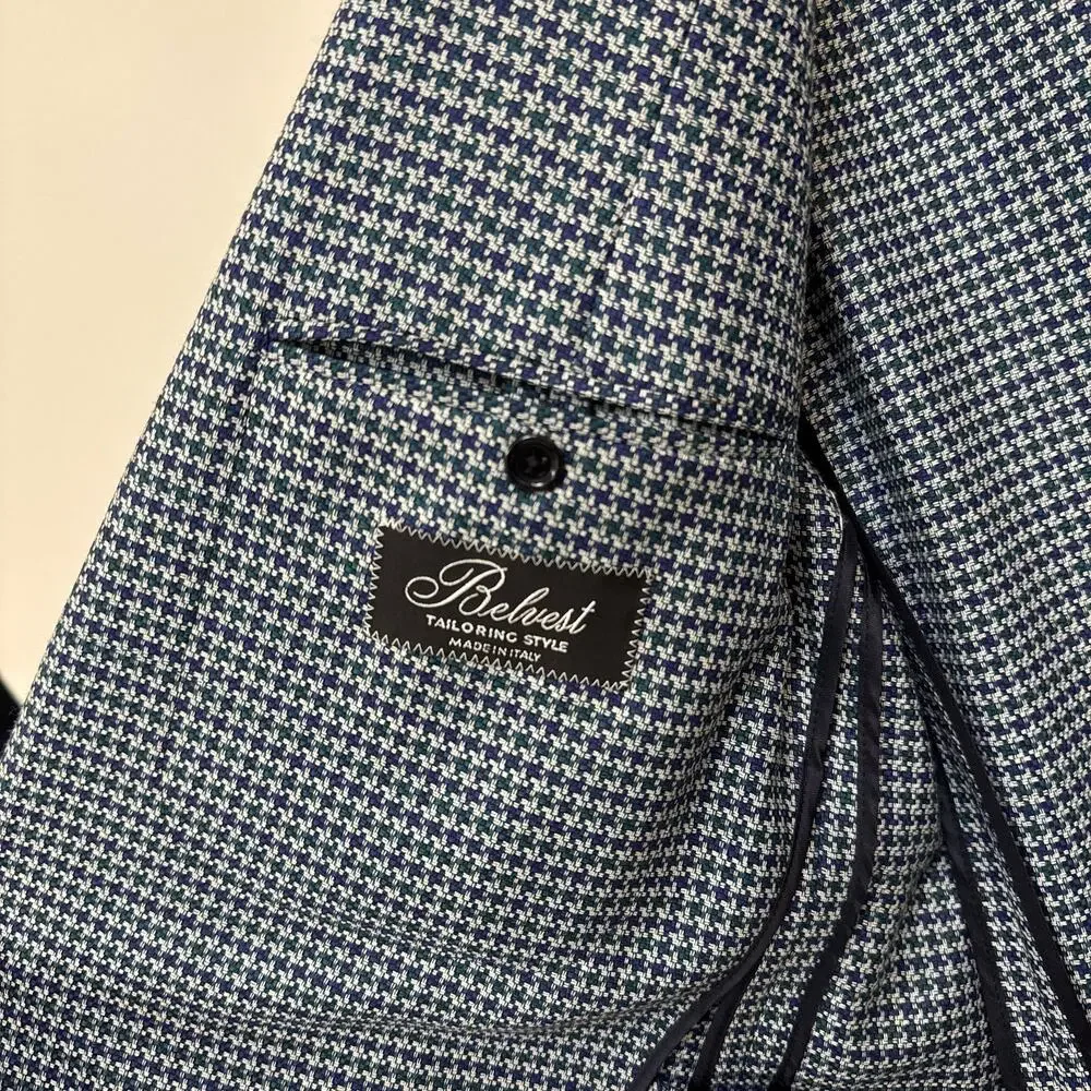 Belvest Blue Houndstooth Unstructured Sport Coat 52 NEW Super 100's Wool Blazer